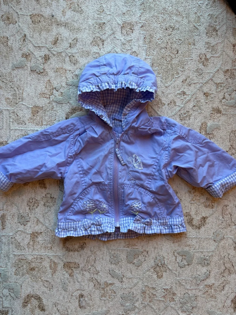 Vintage 90’s Flower Embroidered Ruffled Gingham Trim Zip Up Jacket